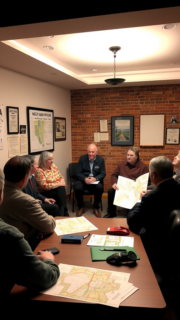 A group of people sitting around a table discussing community safety with maps and documents.