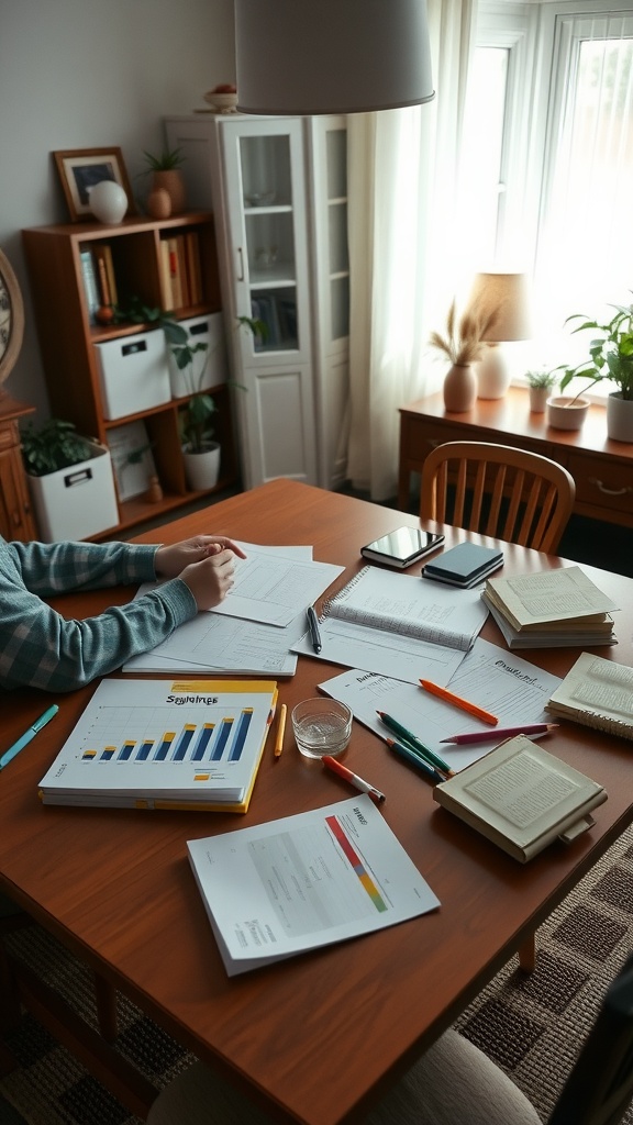 A person studying at a table cluttered with papers, notebooks, and a laptop, suggesting planning and preparation.