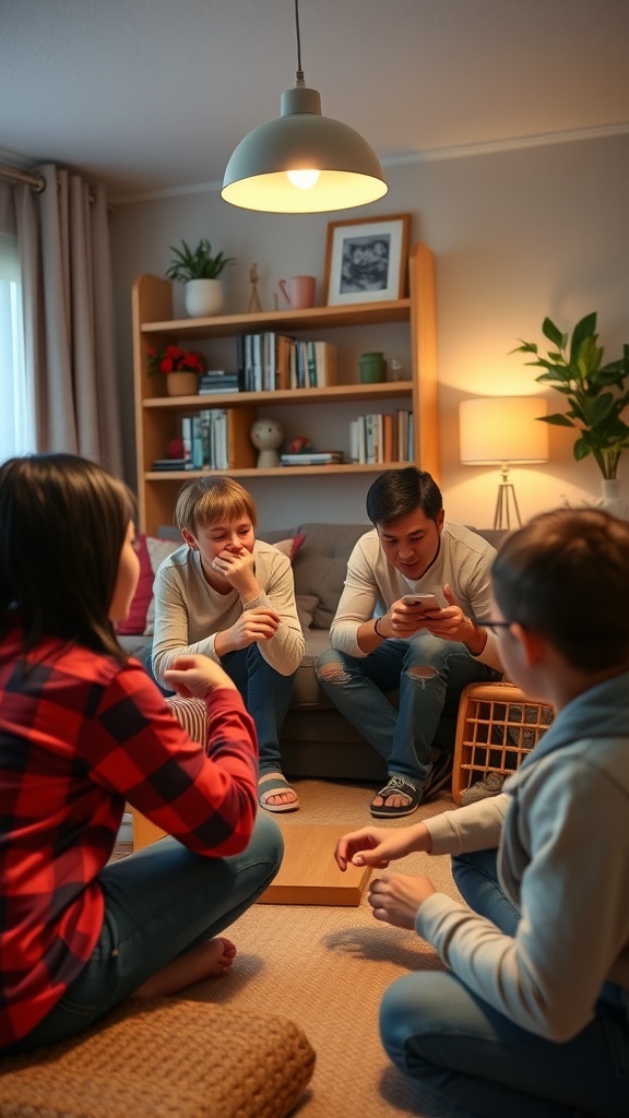 A family sitting together on a couch, engaging in a discussion about emergency preparedness.