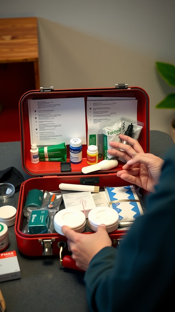 An open first aid kit with various medical supplies and a person's hand reaching for an item.