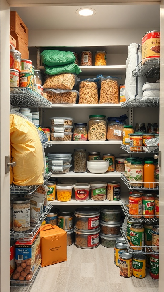 A well-organized pantry showcasing various food items in jars and boxes, ready for emergency storage.