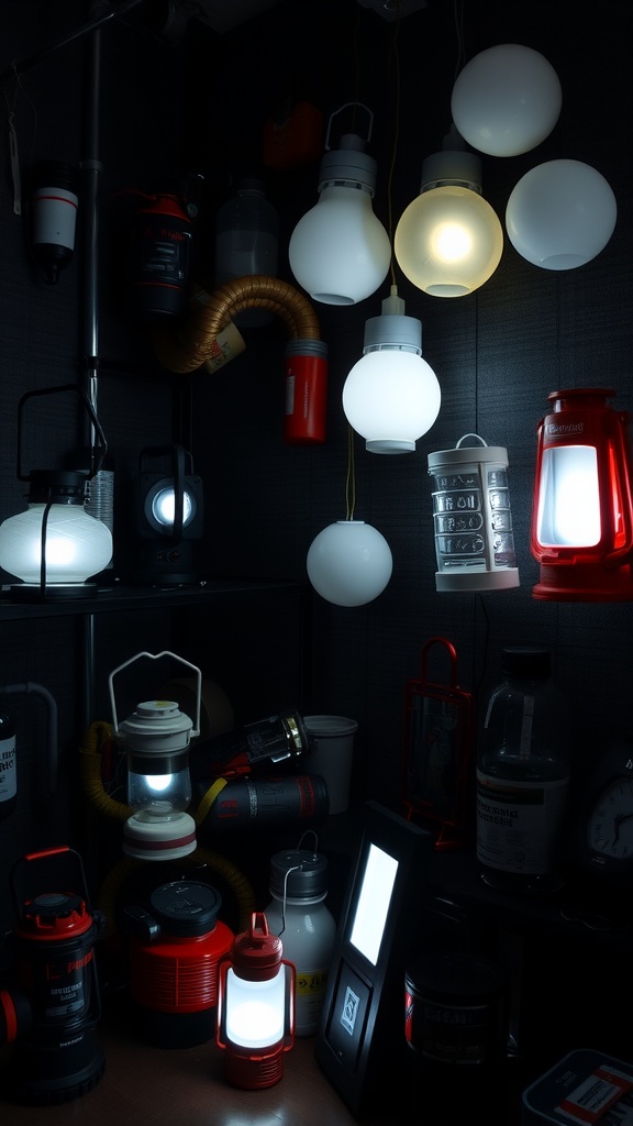 A collection of various emergency lighting solutions, including lanterns, bulbs, and flashlights, arranged in a dimly lit setting.