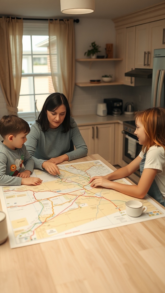 A mother and two children studying a large map on a kitchen table.