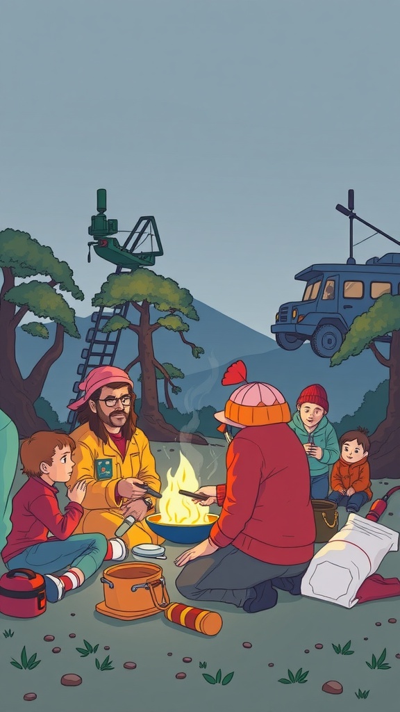 A group of people, including children, gather around a campfire while learning essential outdoor survival skills in a forest setting.