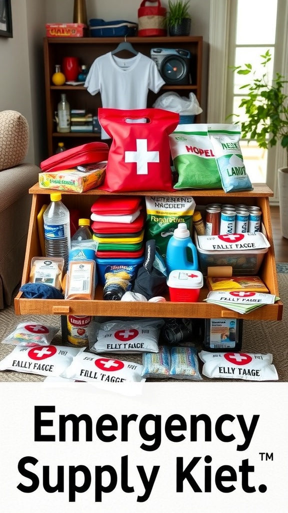 An organized emergency supply kit featuring food, water, and a first aid kit.