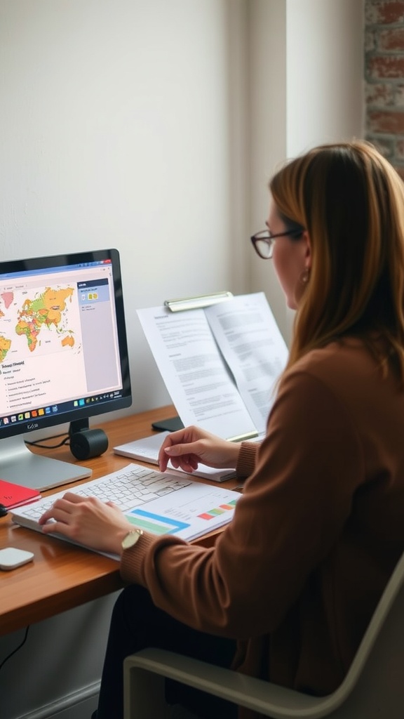 A person reviewing documents at a desk in an office setting.