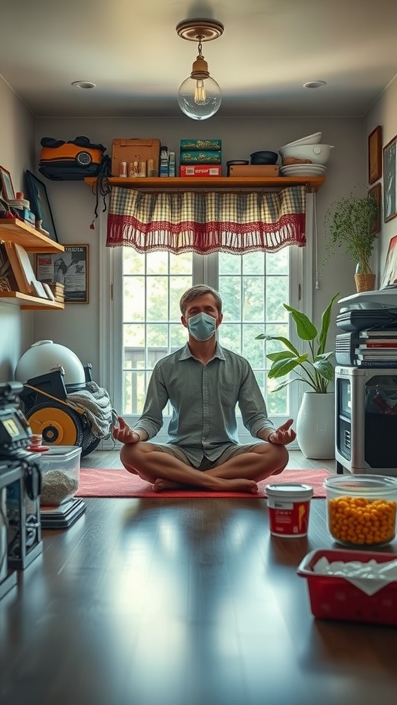 A person meditating in a cozy living room filled with supplies, reflecting the concept of preparedness.