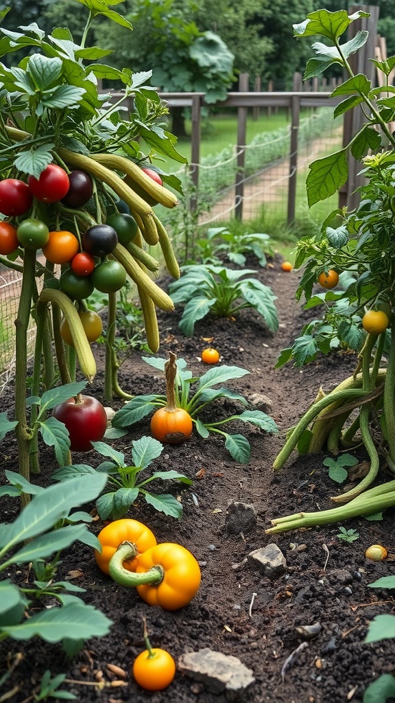 A vibrant garden with various vegetables and colorful fruits growing along a path.