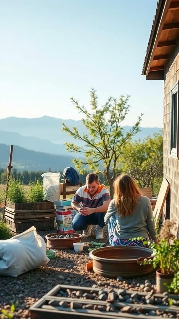 Two people working on a gardening project outdoors with mountains in the background.