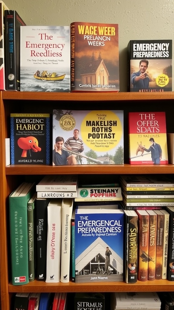 Books on emergency preparedness lined up on a shelf.