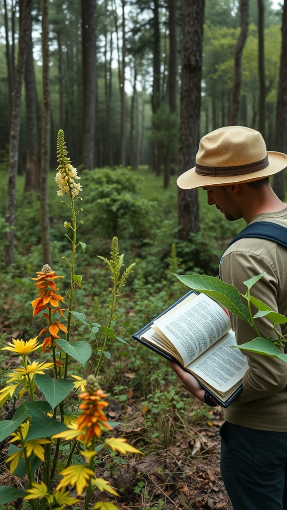 A person in a forest reading a guidebook on edible plants while surrounded by colorful flowers.