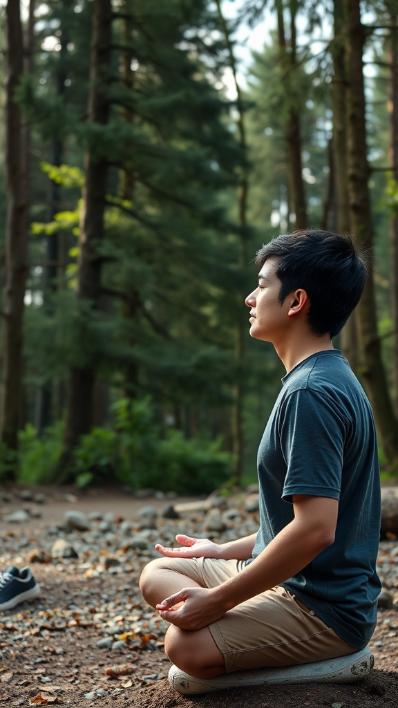 A young person meditating in a peaceful forest setting.