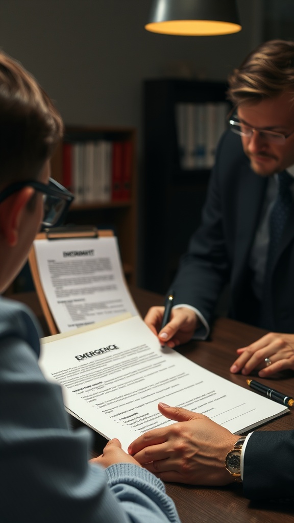 Two individuals discussing legal documents related to emergency preparedness.