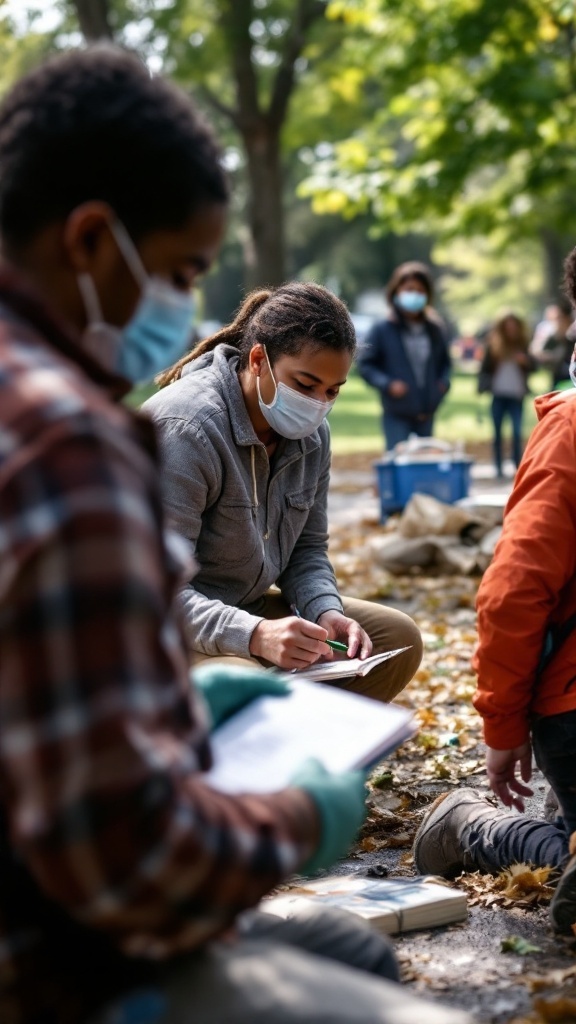 Group of people participating in a local disaster drill in a park.