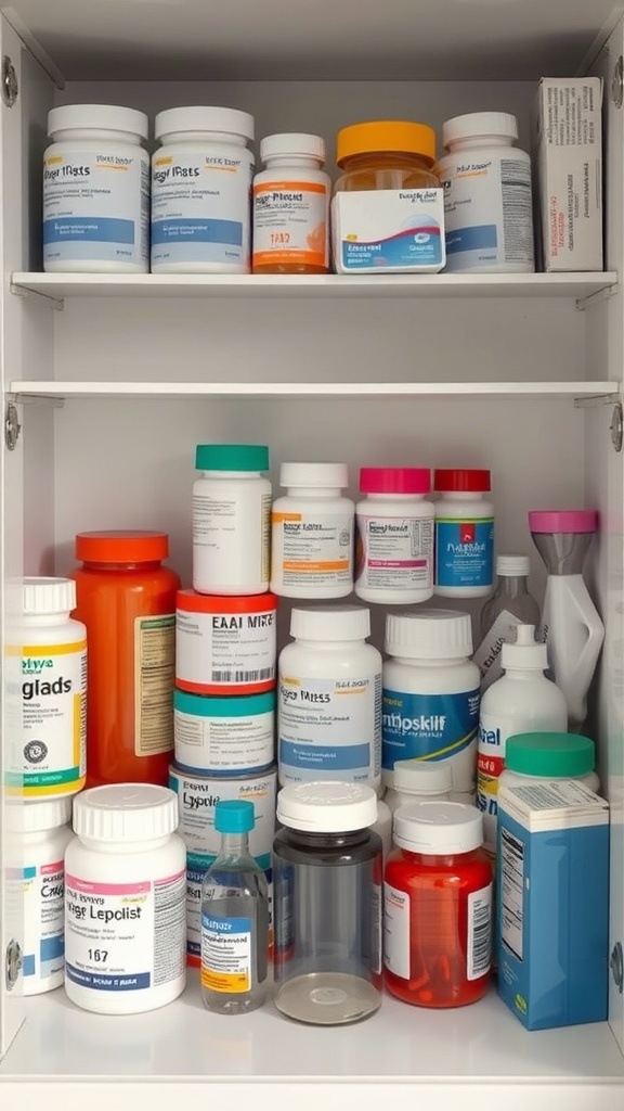 A neatly organized shelf with various bottles of medications and medical supplies.