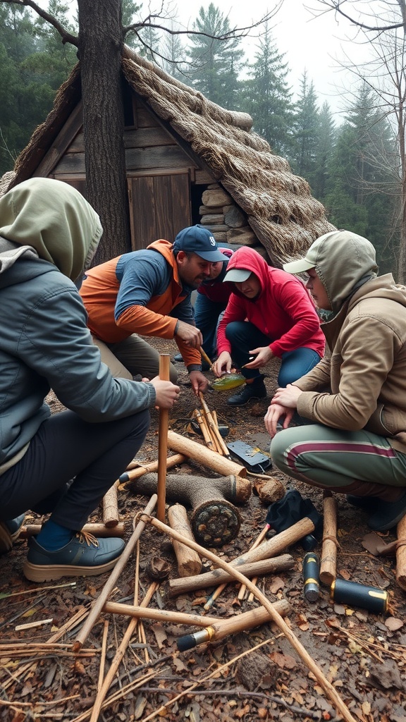 Group of people learning survival skills in a forest setting.