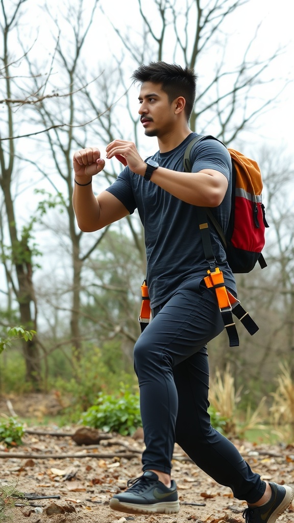 A person walking on a trail, dressed for physical activity with a backpack.