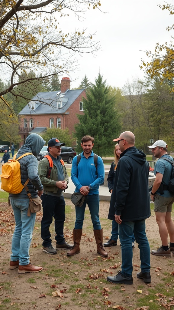 A group of people discussing preparedness strategies outdoors.