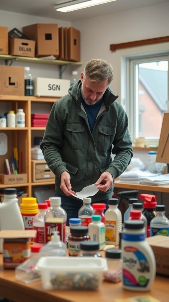 A man reviewing supplies on a table filled with various bottles and containers.