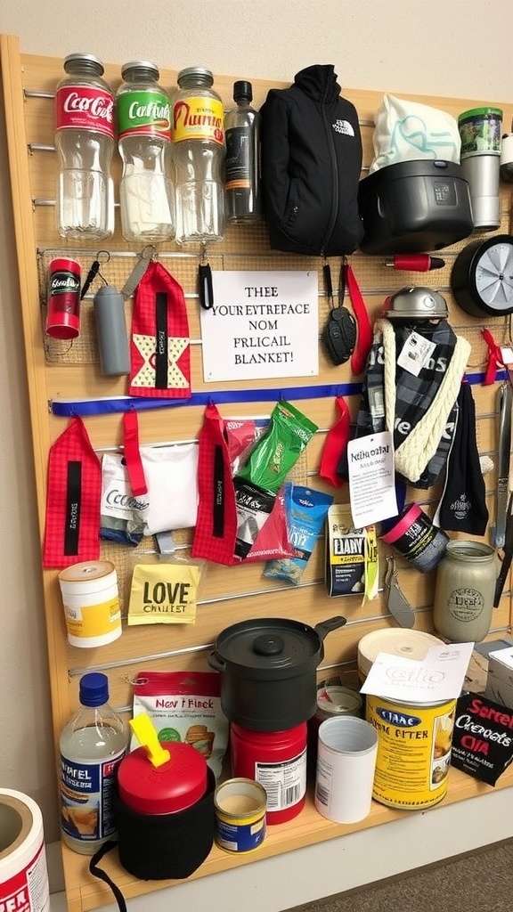 A display of various household items and emergency supplies, including blankets, snacks, and drinks.