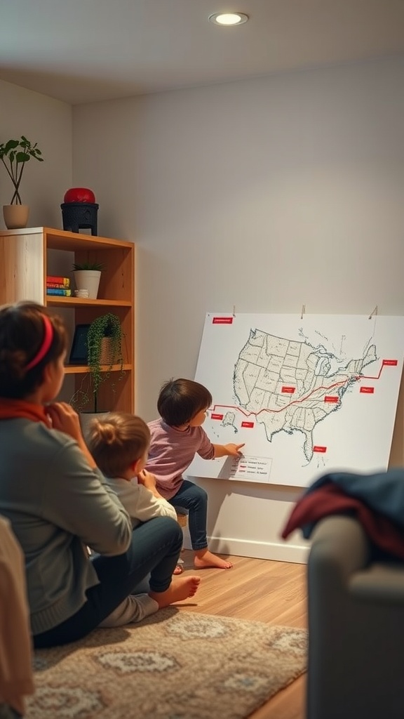 A family reviewing emergency evacuation routes on a map.