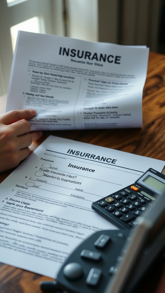 A person reviewing insurance documents and using a calculator.