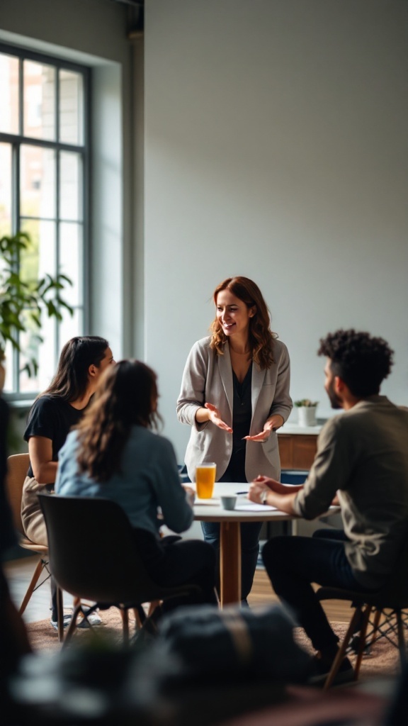 A group of people listening to a presentation in a modern setting.