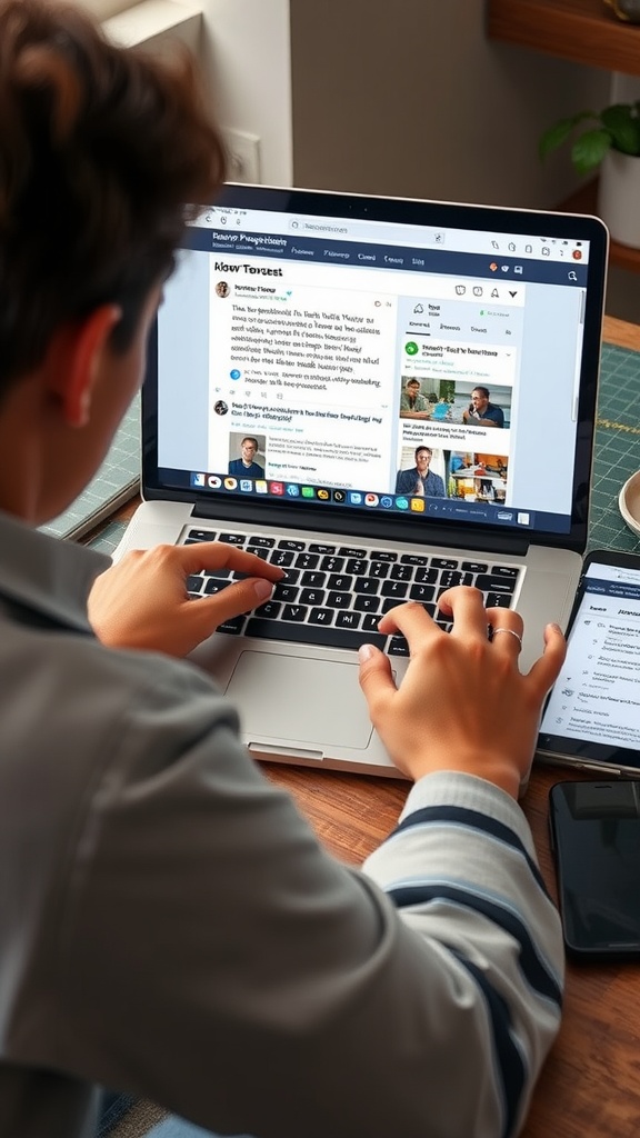 A person using a laptop and smartphone to engage with social media for preparedness.