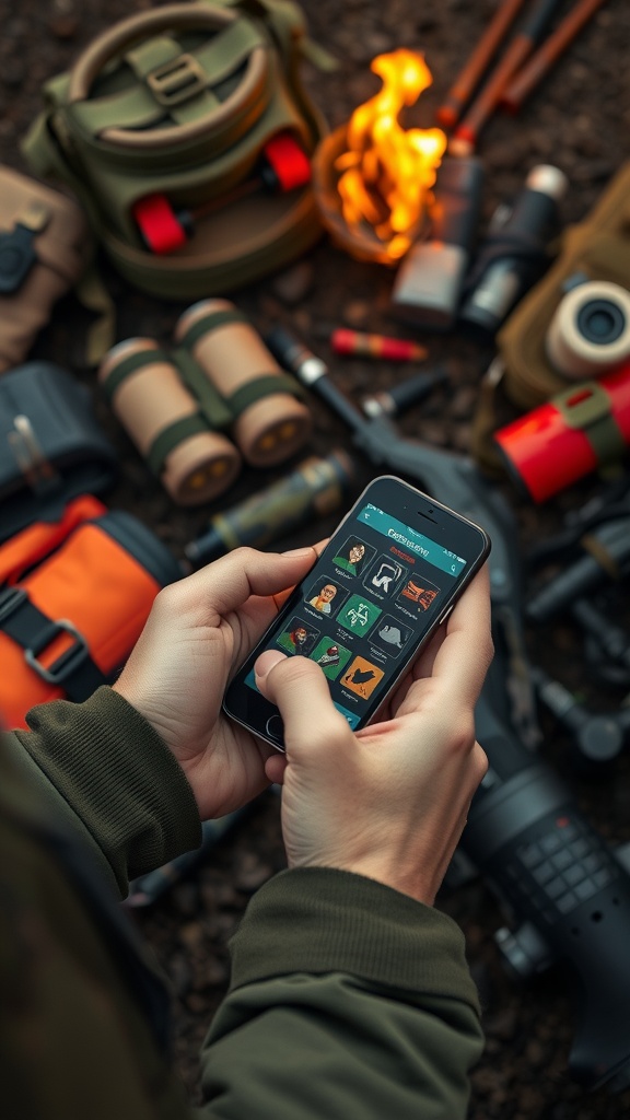 A person using a smartphone with emergency preparedness apps surrounded by various outdoor gear.