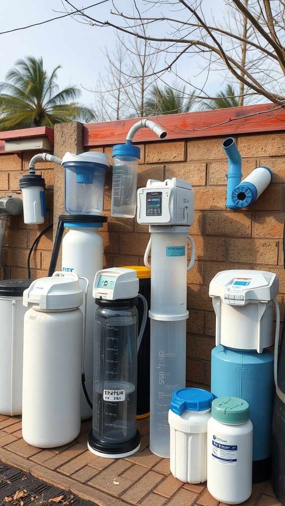 An assortment of water filtration and purification equipment lined up against a wall.