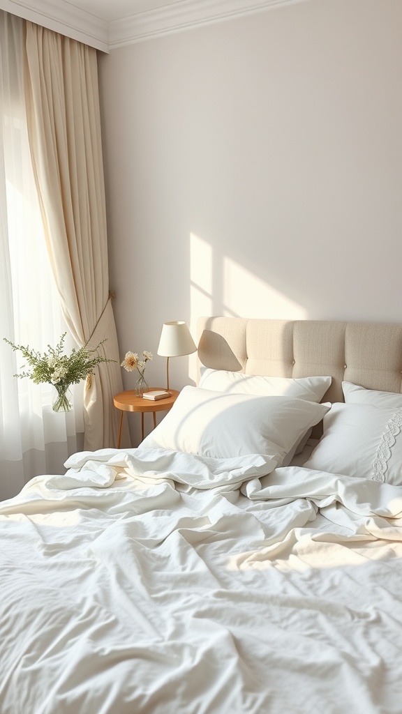 A cozy bedroom featuring creamy white linens and soft natural light.