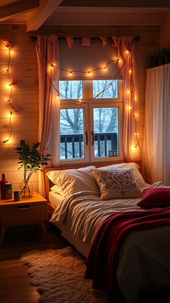 A cozy bedroom with warm string lights, layered curtains, and a welcoming atmosphere