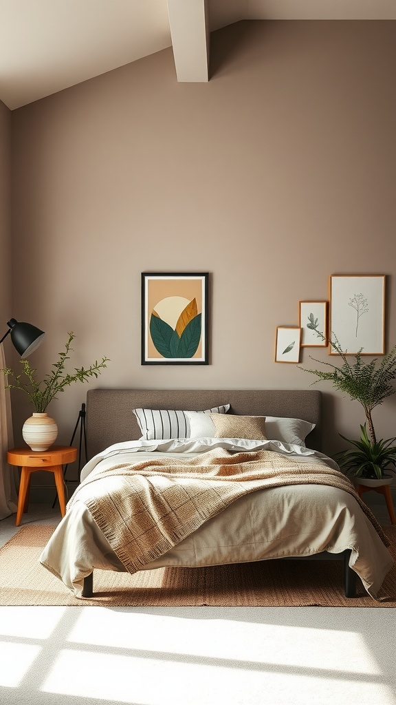 Cozy bedroom featuring muted earthy tones with a taupe wall, neutral bedding, wooden furniture, and greenery.