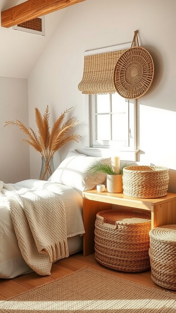 Cozy bedroom with natural fiber baskets and warm lighting