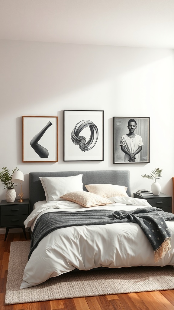 Cozy bedroom featuring neutral color palette art with black and white framed pieces above the bed.