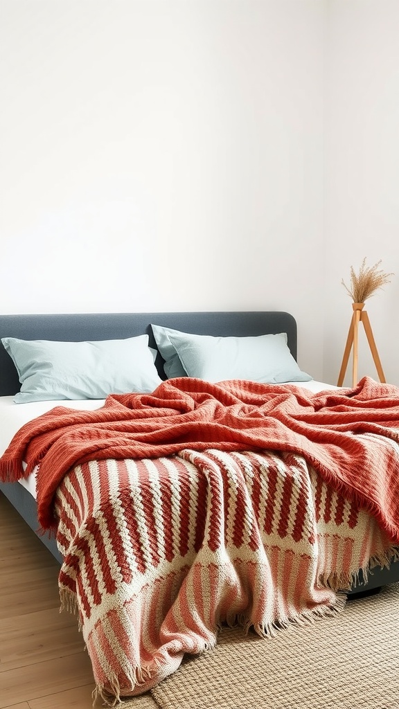 Cozy bedroom featuring oversized throw blankets in rust and cream colors on a bed with blue pillows.