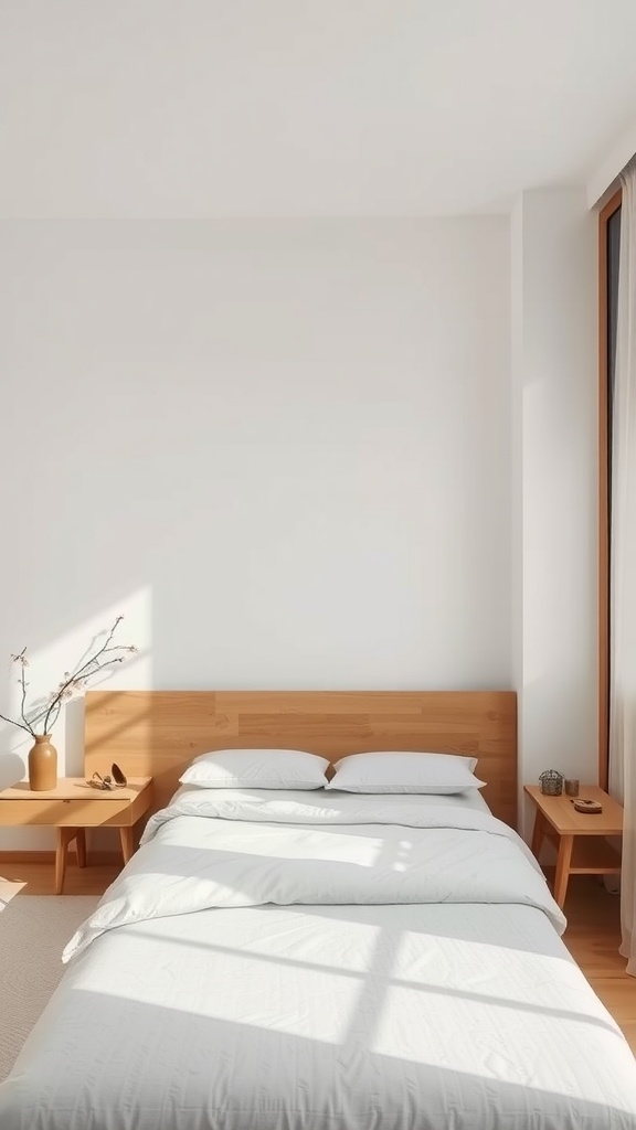 A cozy bedroom with a wooden headboard, light wood side tables, and neutral bedding, illuminated by natural light.