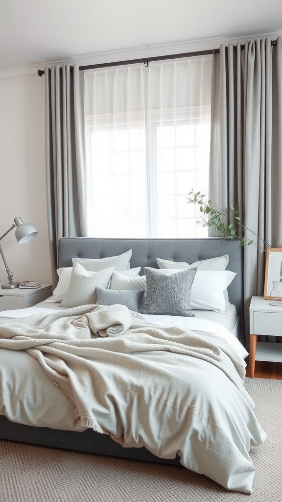 A cozy bedroom featuring soft gray accents with a plush gray headboard, layered blankets, and decorative pillows.