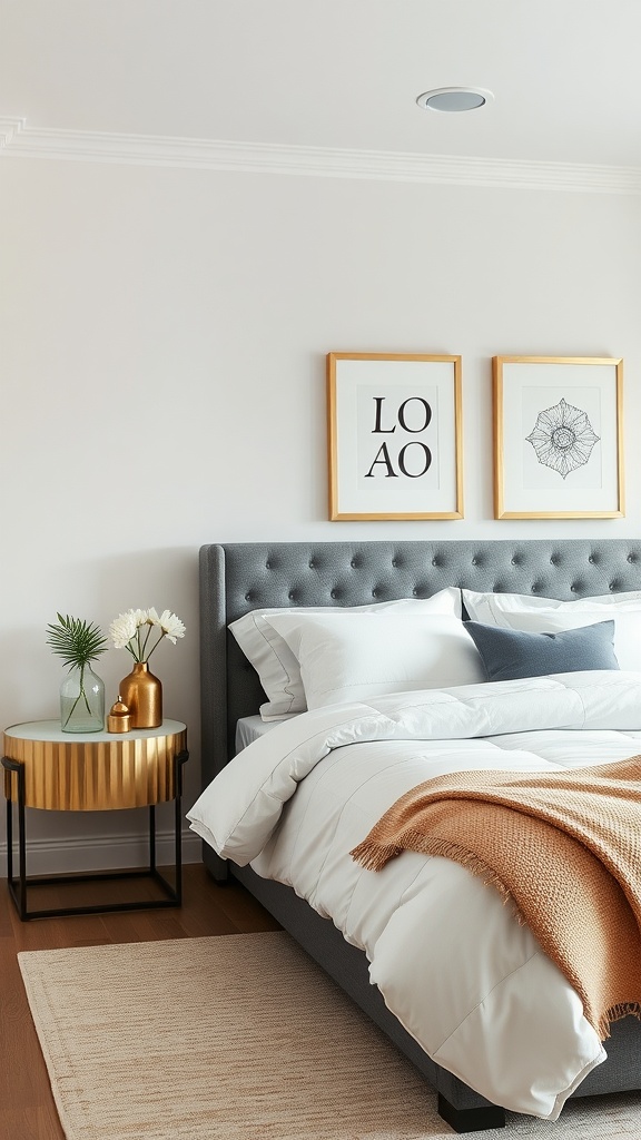 A cozy bedroom featuring a gray tufted headboard, a gold nightstand, and soft neutral bedding.