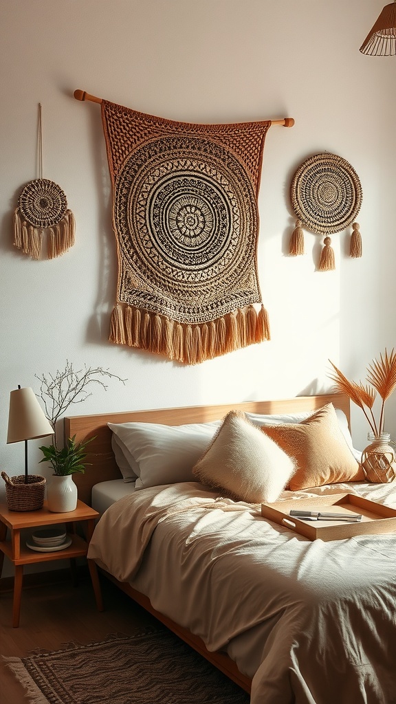 A cozy bedroom featuring textured wall hangings in neutral tones