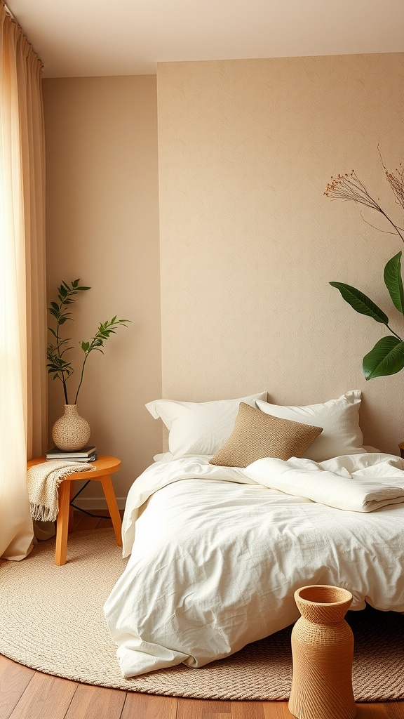 Cozy bedroom with warm beige textures, featuring soft bedding, a textured wall, and natural decor elements.