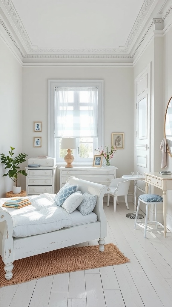 Cozy bedroom with whitewashed furniture, featuring a bed, dresser, and desk.