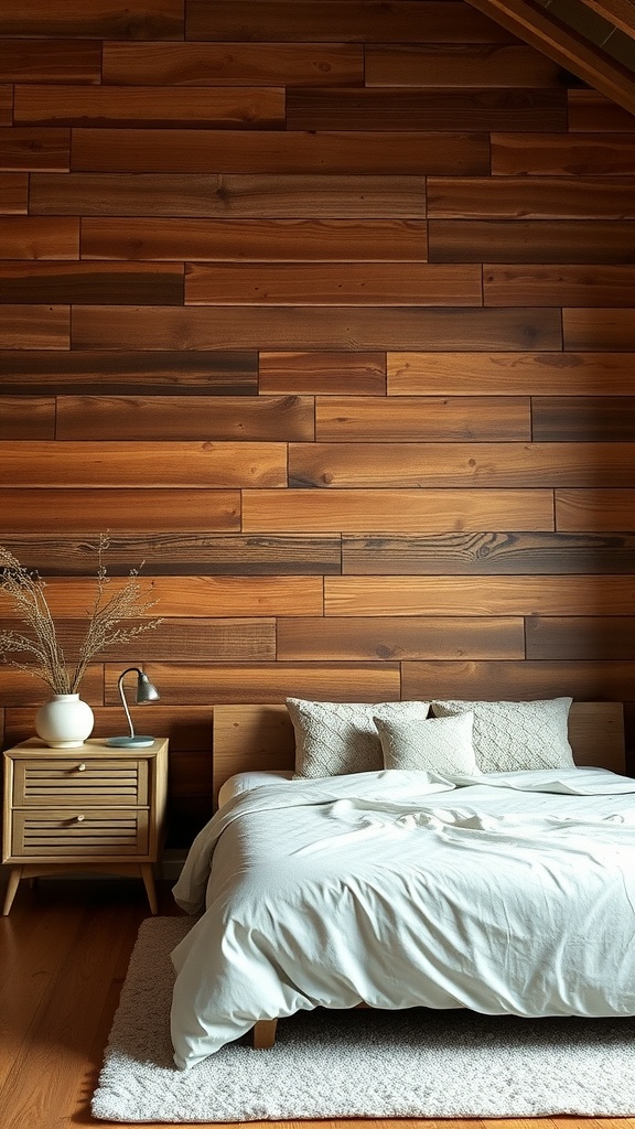 A cozy bedroom with a wooden accent wall, featuring a light-colored bed and a nightstand.