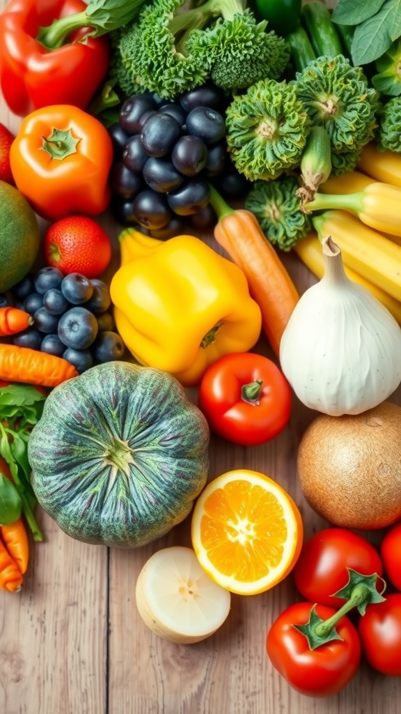 A vibrant assortment of fruits and vegetables, including peppers, grapes, broccoli, oranges, and more.