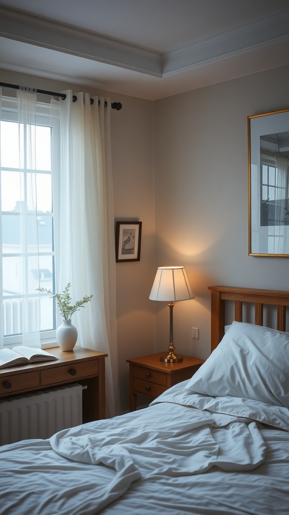 A cozy bedroom with soft lighting and an inviting atmosphere.