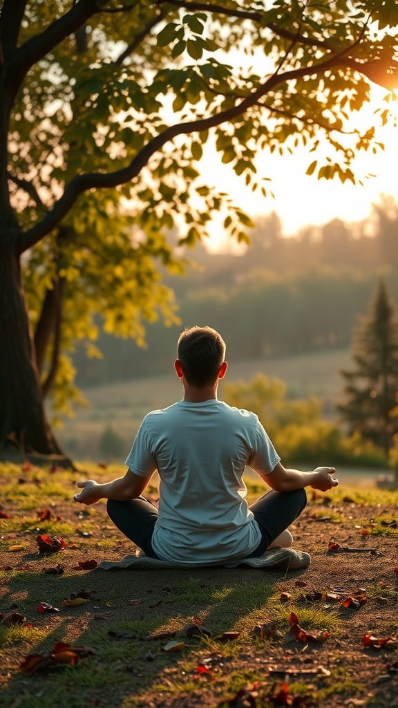 A person practicing mindfulness outdoors, sitting cross-legged on the ground during sunset.