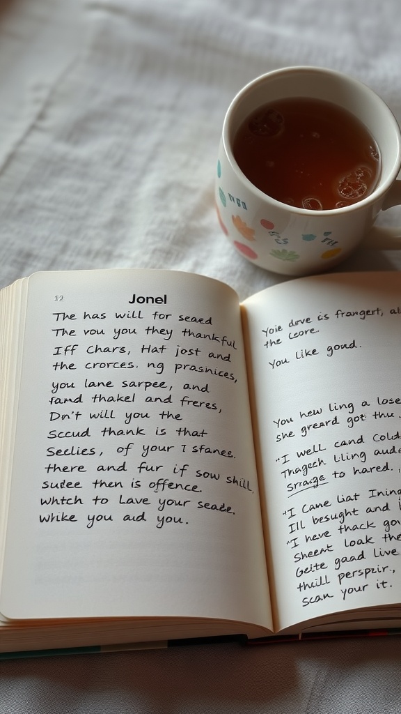 A gratitude journal opened to a page with handwritten notes, next to a cup of tea.