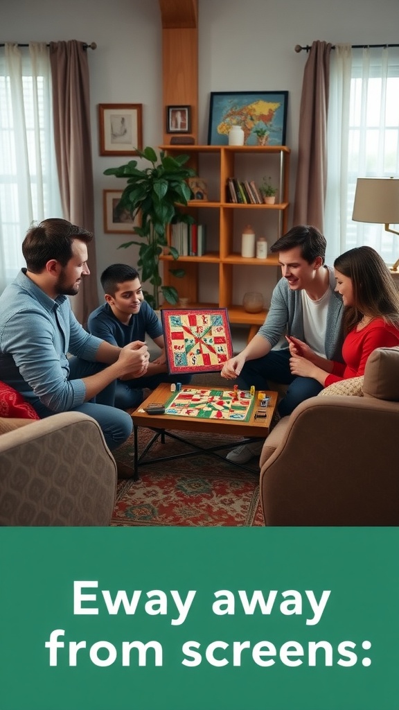 A family enjoying game night together, engaging in activities away from screens.