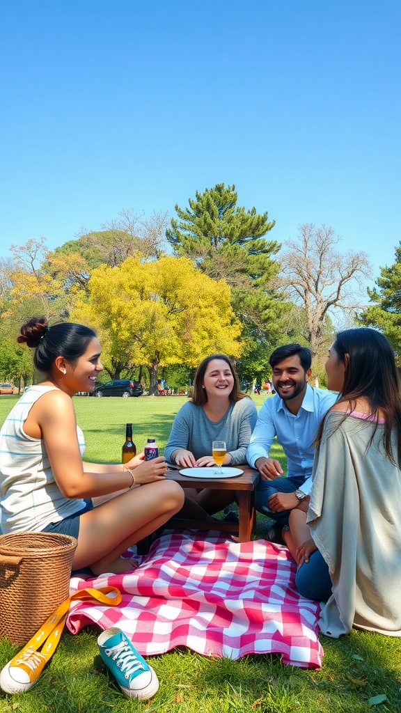 A group of friends enjoying a picnic on a sunny day in the park.