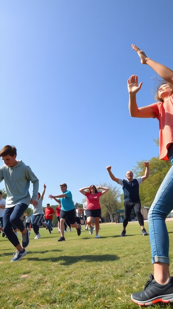 A group of people running joyfully on a sunny day.